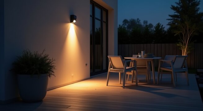 Table and chairs on a patio at night motion detection