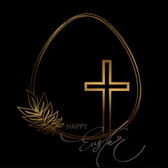 Happy Easter. Isolated design element with a silhouette of an Easter egg and a gold cross.