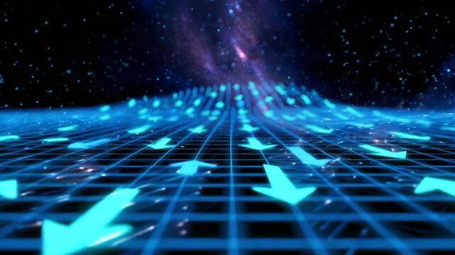 A captivating visual representation of a futuristic digital landscape, showcasing flowing blue arrows over a grid structure amidst a backdrop of shimmering stars and galaxies, evoking a sense of