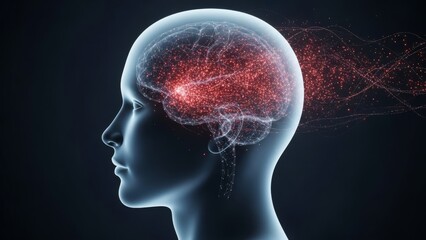 Conceptual 3D illustration of cognitive decline and memory loss. The red particles symbolize fading memories or brain degeneration. Ideal for medical journals, neurology articles, mental health news