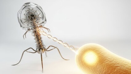 Futuristic 3D medical illustration of a mechanical bacteriophage targeting a biological cell with a laser. Perfect for scientific journals, nanotechnology news, and biotech research articles. 