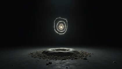 Abstract swirling golden light energy vortex emerging from a crater filled with scattered metallic spheres against a dark