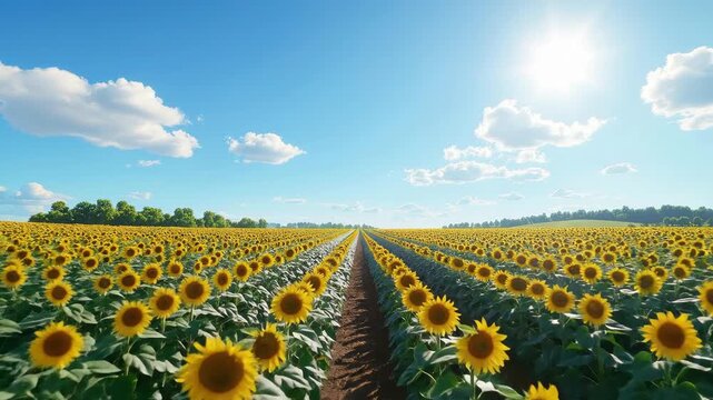 Vibrant sunflower field stretches to the horizon under a bright blue sky, creating a picturesque scene.