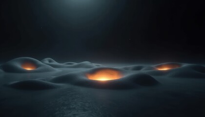 Ethereal alien landscape with glowing orange craters amidst dark textured terrain and atmospheric lighting a mysterious