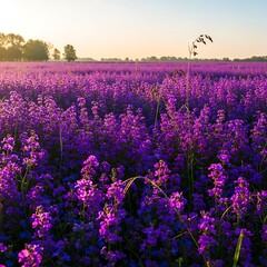 Naklejka premium Expansive field filled with vibrant purple blossoms bathed in warm sunrise light illuminates the distant horizon