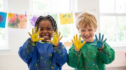 Happy diverse children showing colorful painted hands messy art class kindergarten students creative learning school education fun play childhood joy painting activity