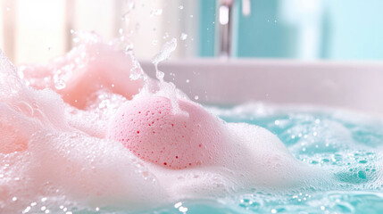 Fototapeta premium Pink bath bomb fizzing in bathtub filled with bubbles and water, creating relaxing and soothing atmosphere for calming bath experience