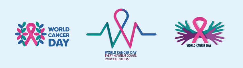 Fototapeta premium A vector graphic illustration of World Cancer Day logos and ribbons in pink, blue, and purple colors