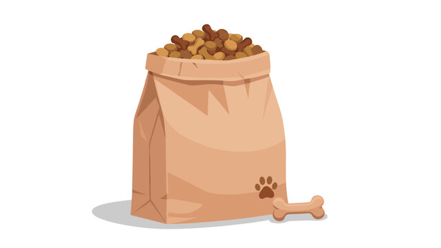 Brown paper bag filled with dog food, featuring a paw print and a bone, symbolizing complete pet nutrition.