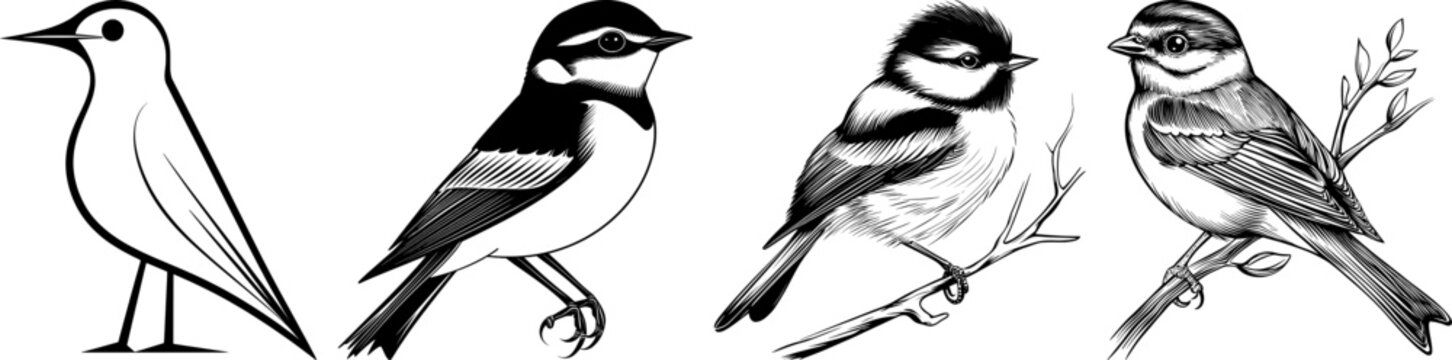 Set of bird sketches and silhouettes. Vector collection of hand drawn garden birds and wild songbirds for nature and spring design.