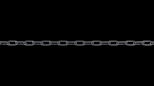 3D rendering of a long rotating old steel chain sliding horizontally. Wide shot loop.