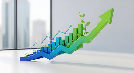 Business growth chart with rising green arrow and blue bars in modern office