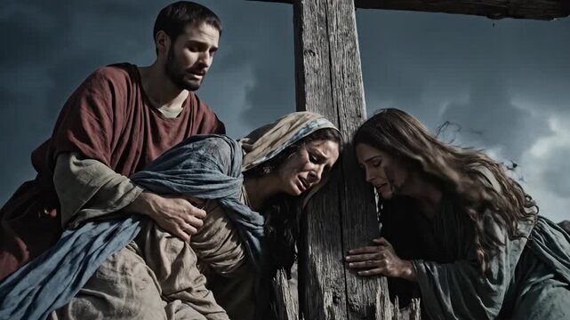 Man and two women crying at wooden cross religious scene. Emotional suffering and despair during crucifixion. Paschal mystery concept.