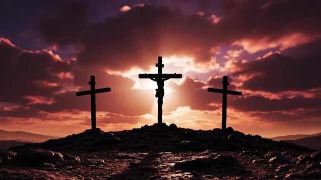 Calvary hill with crosses during sunset. Jesus christ crucifixion scene at dusk. Religious christianity symbol.