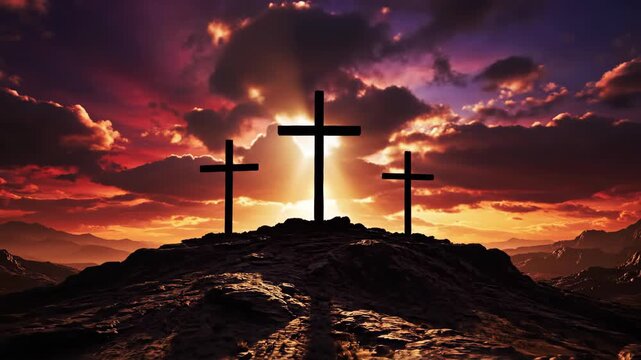 Three crosses on a hill with a light beam from a cloud-filled sky showing salvation and faith, for religious concepts