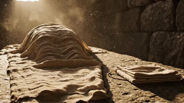 Empty tomb of Jesus Christ with burial shroud and linen cloths. Resurrection of Christ, Easter concept.
