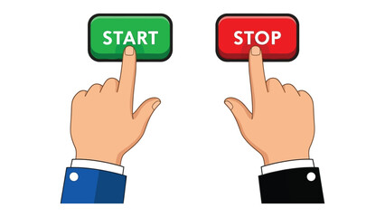Two hands reaching to press the start and stop buttons on a white background.