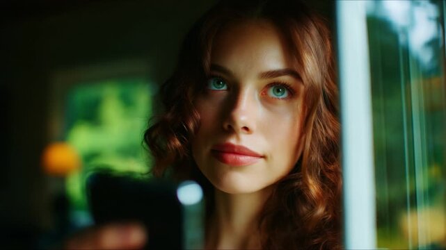 A young woman with beautiful curly hair gazes thoughtfully while holding a smartphone, framed by a window that lets in natural light, capturing a moment of serene reflection and connection.