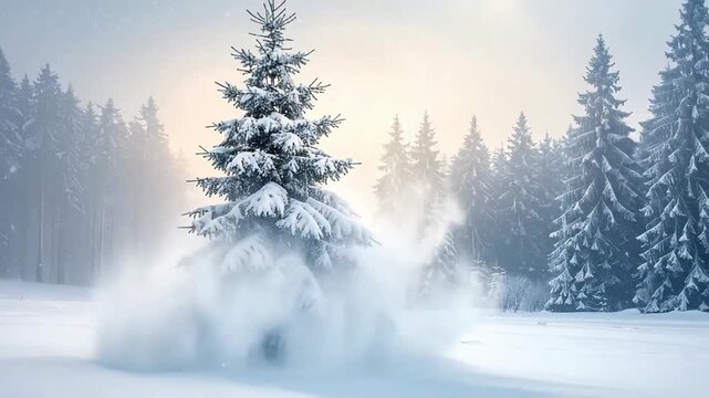 Snow covered fir tree stands majestically in a serene winter landscape, surrounded by forest.