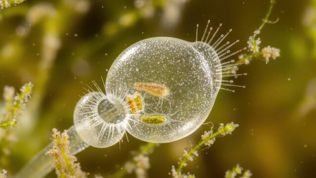 Detailed macro shot of a transparent bell-shaped ciliate with intricate cilia, attached to green aquatic plant, brightly lit in a blurred underwater habitat.