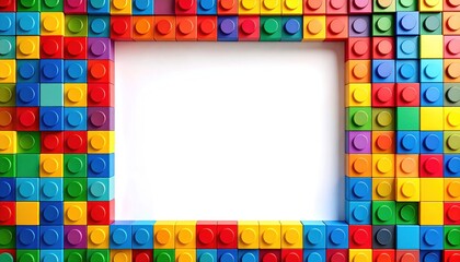 Fototapeta premium Colorful Lego Blocks Frame on White Background for Creative Projects.