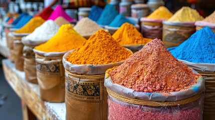 Busy festive trade in bright colored powders. Сoncept of colorful Indian Holi holiday. Copy space.