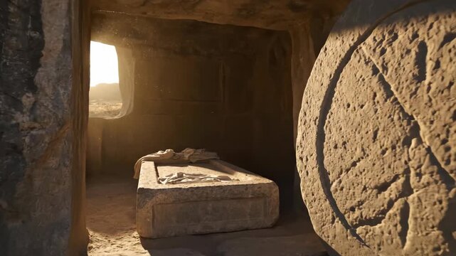 Empty stone tomb with a rolled-away stone and burial cloth as bright light enters, concept of the resurrection of Jesus Christ