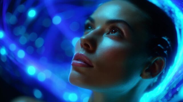 A contemplative gaze into the digital ether as a woman gazes upward, illuminated by ethereal blue lights, representing a fusion of technology and human emotion in a mesmerizing visual encounter.