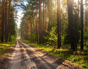 Obraz premium Sunlit dirt path winds through lush, tall forest with bright light