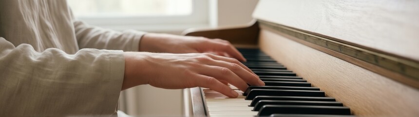 Fototapeta premium Someone is playing a piano with their hands on the keys