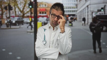 Blond man in white medical coat with stethoscope adjusts glasses while standing on a bustling city street; concentration.