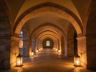 Obraz premium majestic arched corridor of a Mughal-era palace illuminated by warm lantern light—evoking heritage, serenity, and timeless grandeur for editorial stock, cultural tourism, and luxury storytelling visua