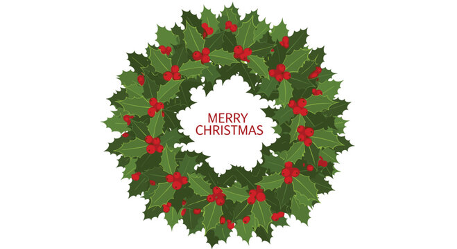Festive christmas wreath made of green holly leaves and red berries with merry christmas text for holiday greetings and celebrations.