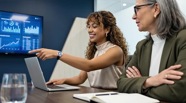 Diverse Businesswomen Collaborating on Data Analysis in Modern Office, Reviewing Financial Graphs and Charts on Laptop and Large Screen During Stra...