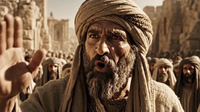 Religious prophet delivering an impassioned speech to a crowd of men, gesturing passionately with his hands