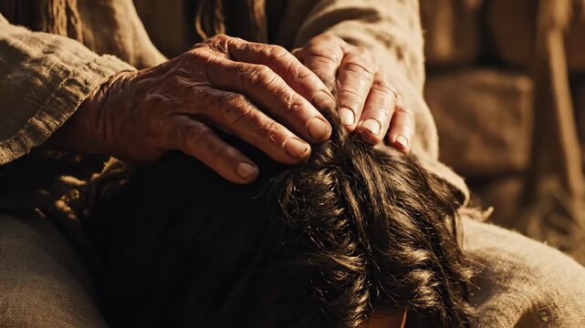 Elderly hands gently touching a young persons head, showing blessing and care in a traditional setting