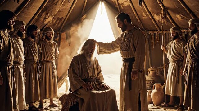 Man blessing an elder man with hands in a tent, showing a religious scene with faith and ancient traditions