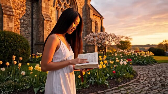 Asian woman reading bible and smiling warmly in front of a church at sunset for spiritual reflection and religious study