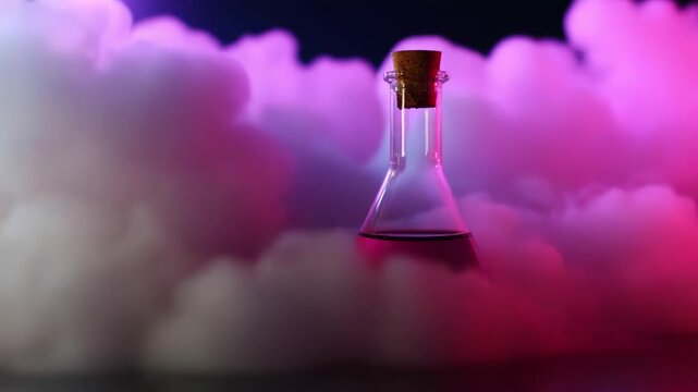 A stunning visual of a beaker filled with vibrant pink liquid, surrounded by swirling clouds of colorful vapor, creating an atmospheric and captivating scene indicative of experimental chemistry.