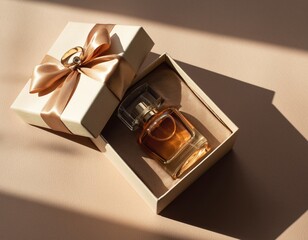 Amber perfume bottle inside a gift box, lit by sunlight