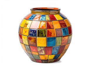 A ceramic vase, globular, featuring a colorful mosaic tile design