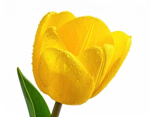 Close-up of a vibrant yellow tulip, water droplets, white background