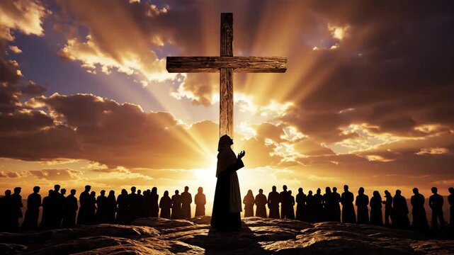 Man praying beneath a cross at sunset with crowd observing. Easter religious scene or spiritual concept background.