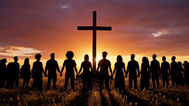 Diverse group of men and women holding hands during sunset with Christian cross. Religious community on hill at dusk.