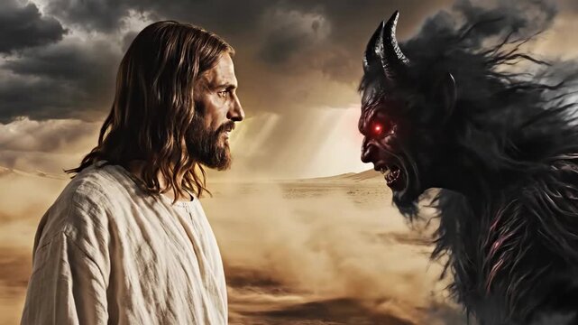 Jesus Christ facing temptation by the devil in a barren desert. Spiritual struggle and triumph over evil. Biblical narrative.