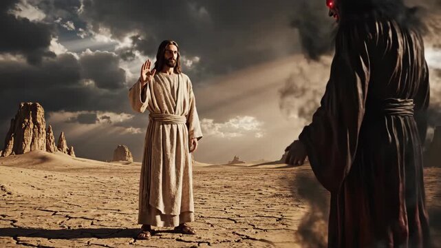 Jesus Christ encounters dark demon in desert, repelling evil with raised hand, showing biblical temptation story