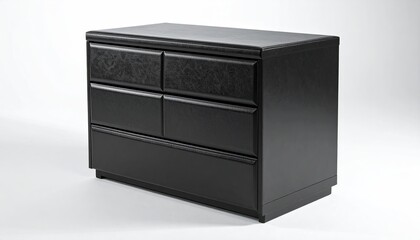 A dark, modern dresser with six drawers, against a plain background