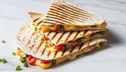 Stack of grilled cheesy tortilla quesadillas with tomatoes and peppers