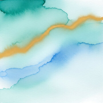 Abstract watercolor background texture featuring soft blending washes of teal turquoise and gentle muted blue with a striking diagonal swath of golden orange wash