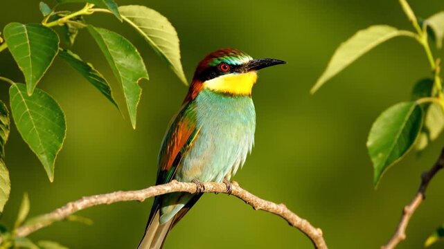 European bee-eater perching on a twig, showcasing vibrant plumage in a lush green environment.mp4